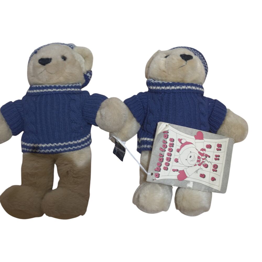 Vintage Carousel by Guy Teddy Bear Pair 1985 Blue Sweater Hat w Advent Calendar - Picture 8 of 14